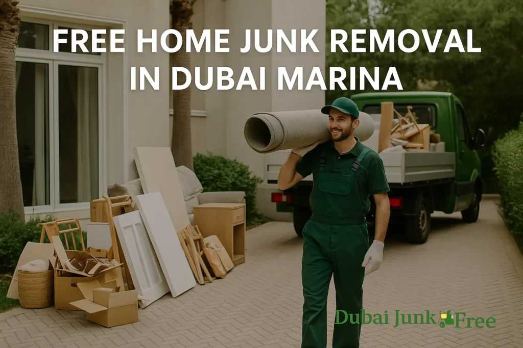 A smiling professional lifting a wooden crate into a green junk removal truck loaded with old furniture in Dubai Marina, providing free home junk removal services.