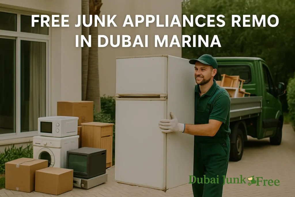 A junk removal worker in green uniform carrying an old refrigerator in front of a Dubai Marina home, with discarded appliances and boxes, free junk appliance removal service in Dubai Marina.
