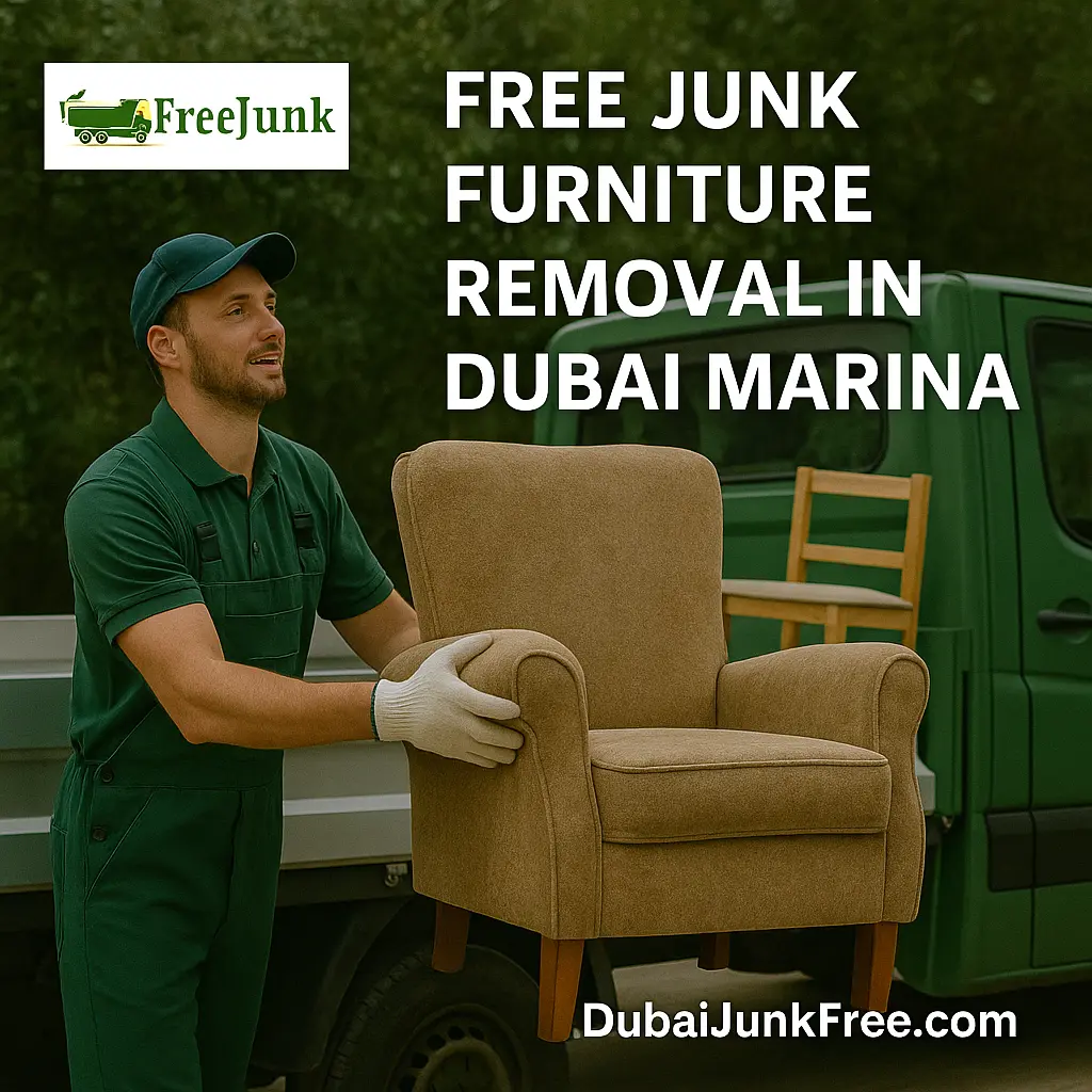 A Dubai Junk Free worker lifting an old brown armchair beside a green truck filled with chairs, Providing free junk furniture removal in Dubai Marina with Dubai Junk Free.