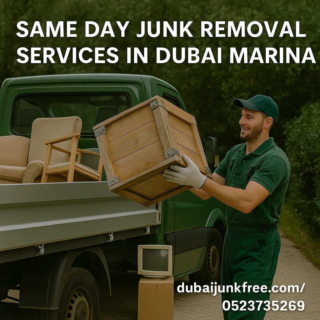 A junk removal expert in green uniform loading old household items into a green truck in Dubai Marina